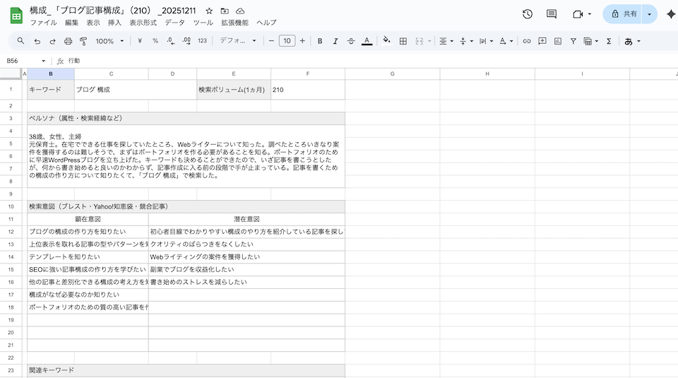 スプレッドシートでの構成作り例